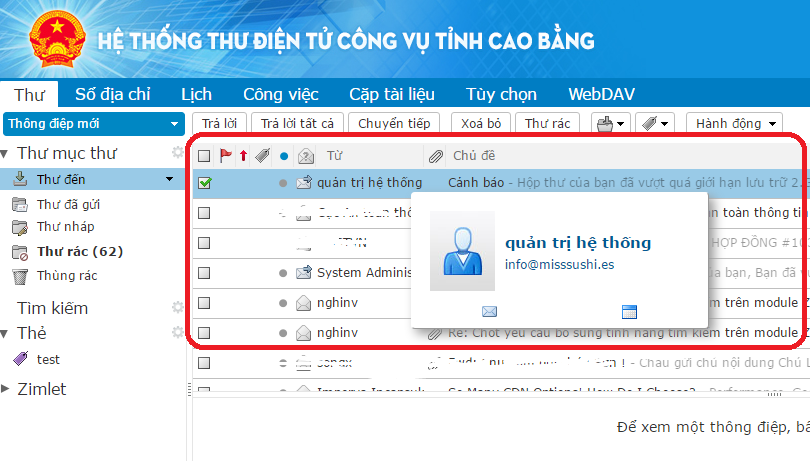 Cảnh báo về việc xuất hiện thư giả mạo trong Hệ thống thư điện tử công vụ tỉnh Cao Bằng.
