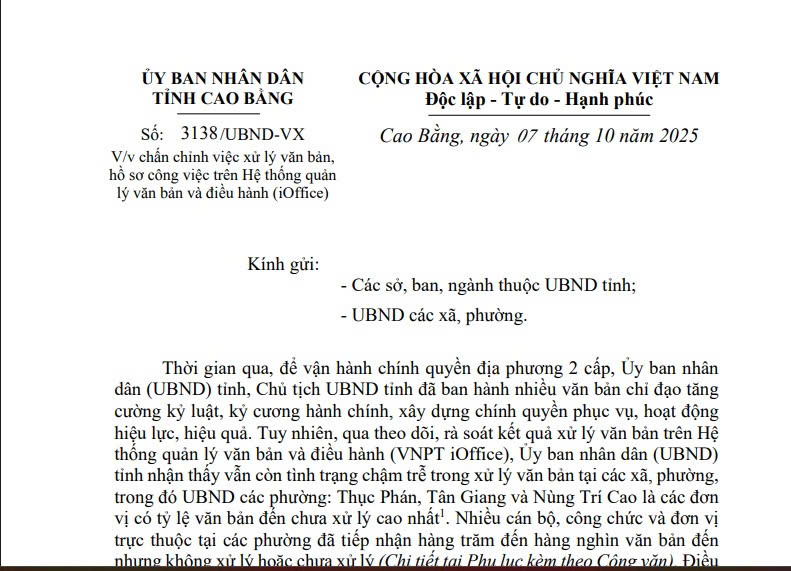 Chấn chỉnh việc xử lý văn bản, hồ sơ công việc trên Hệ thống quản lý văn bản và điều hành (iOffice)